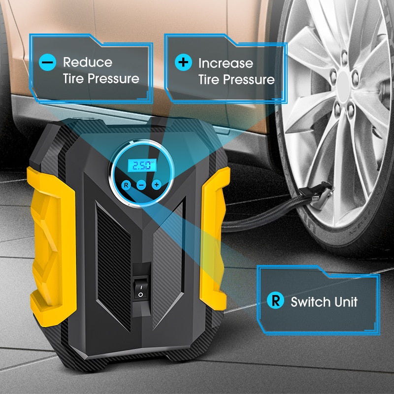 Portable air compressor for car tires.