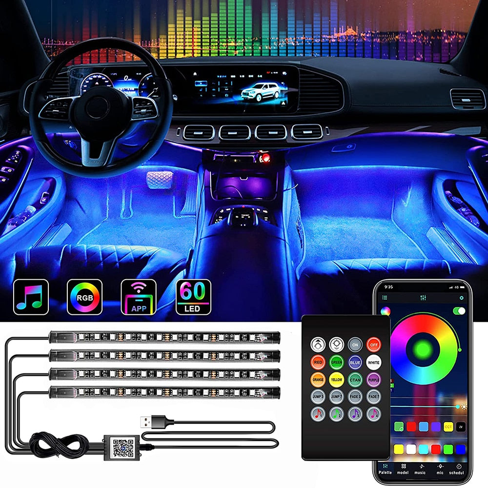 LED Car Interior Lighting Kit with remote control, music syncing, and easy installation plug